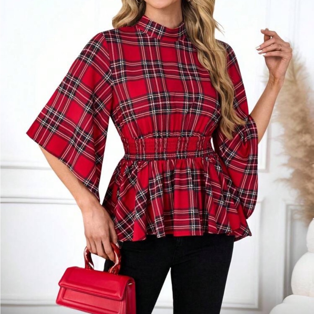 Classic Plaid Ruffle Hem Smocked Waisted Flare Sleeve Top Blouse Shirt